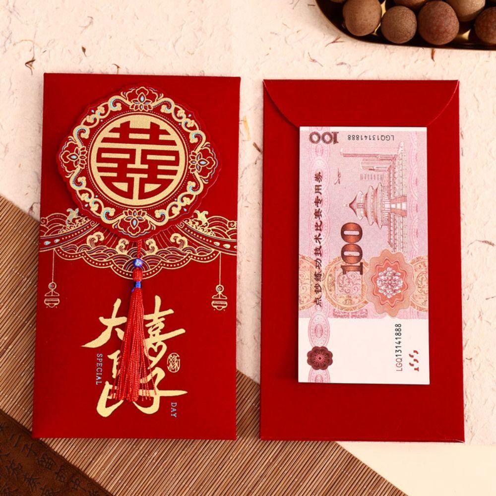 2Pcs/set Chinese Style Wedding Red Envelope Hongbao Bronzing Red Envelope Tassel Traditional Wedding Changing Fee Bag