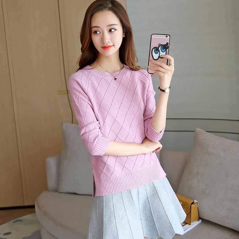 QICED Autumn and Winter Solid Color Crew Neck Pullover Sweater Women's Base Shirt Loose Small Fresh Sweater Long Sleeve Woman