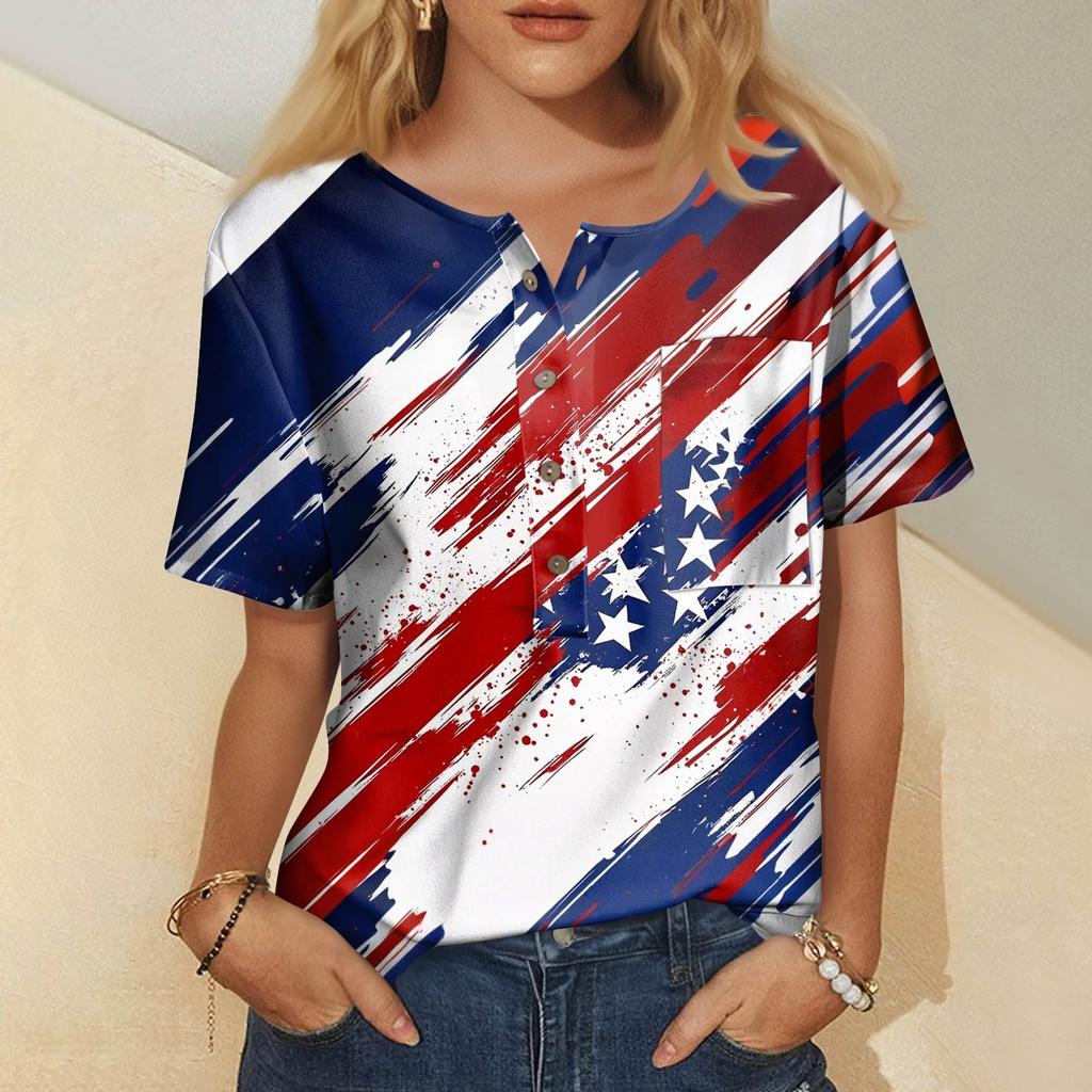 Women's Fashion Casual Short Sleeve Print Round Neck Pullover Top Blouse