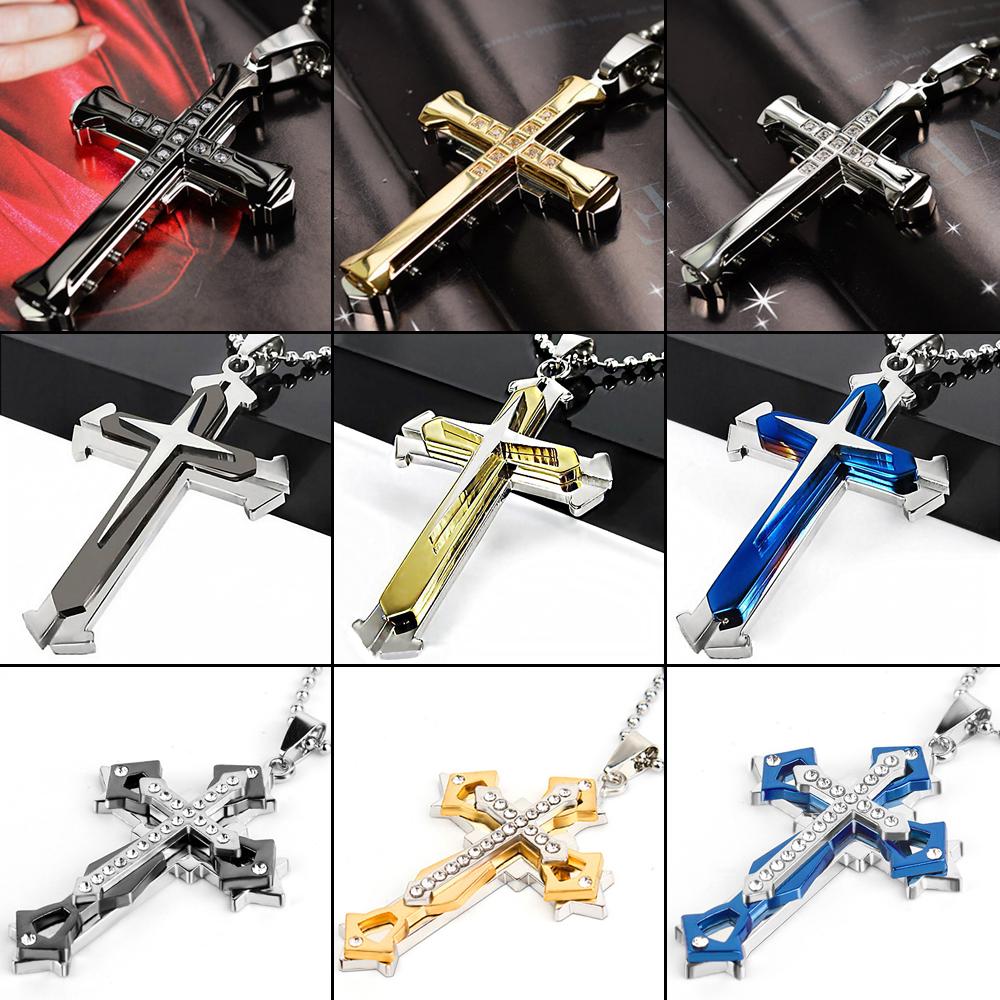Ins New Cross Pendant Necklace For Men Simple Cool Zircon Black Gold Color Stainless Steel Chain Hip Hop Punk Jewelry Gift