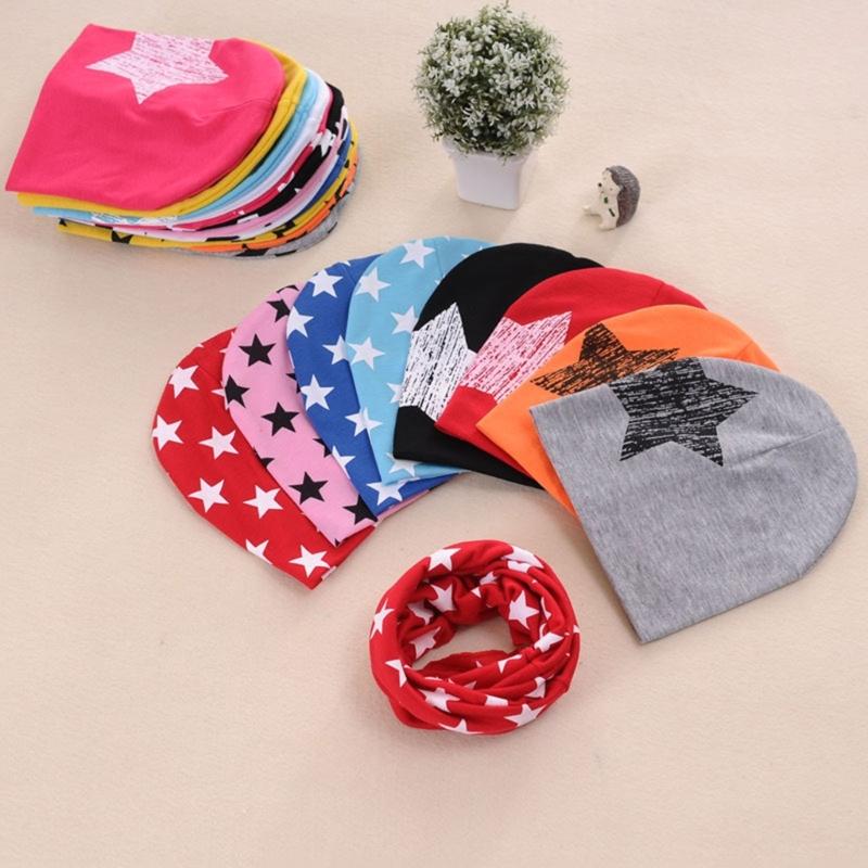 Baby Hat & Scarf Set 3Pcs Unisex Toddler Muslin Hat Pentagram Print Beanie Collar Scarf Infant Windproof Warm Headdress