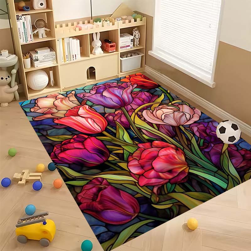 Luxurious Vintage Tulip Floral Pattern Floor Mat, Non-slip, Machine Washable, Suitable for Living Rooms, Bedrooms, and Home Déco
