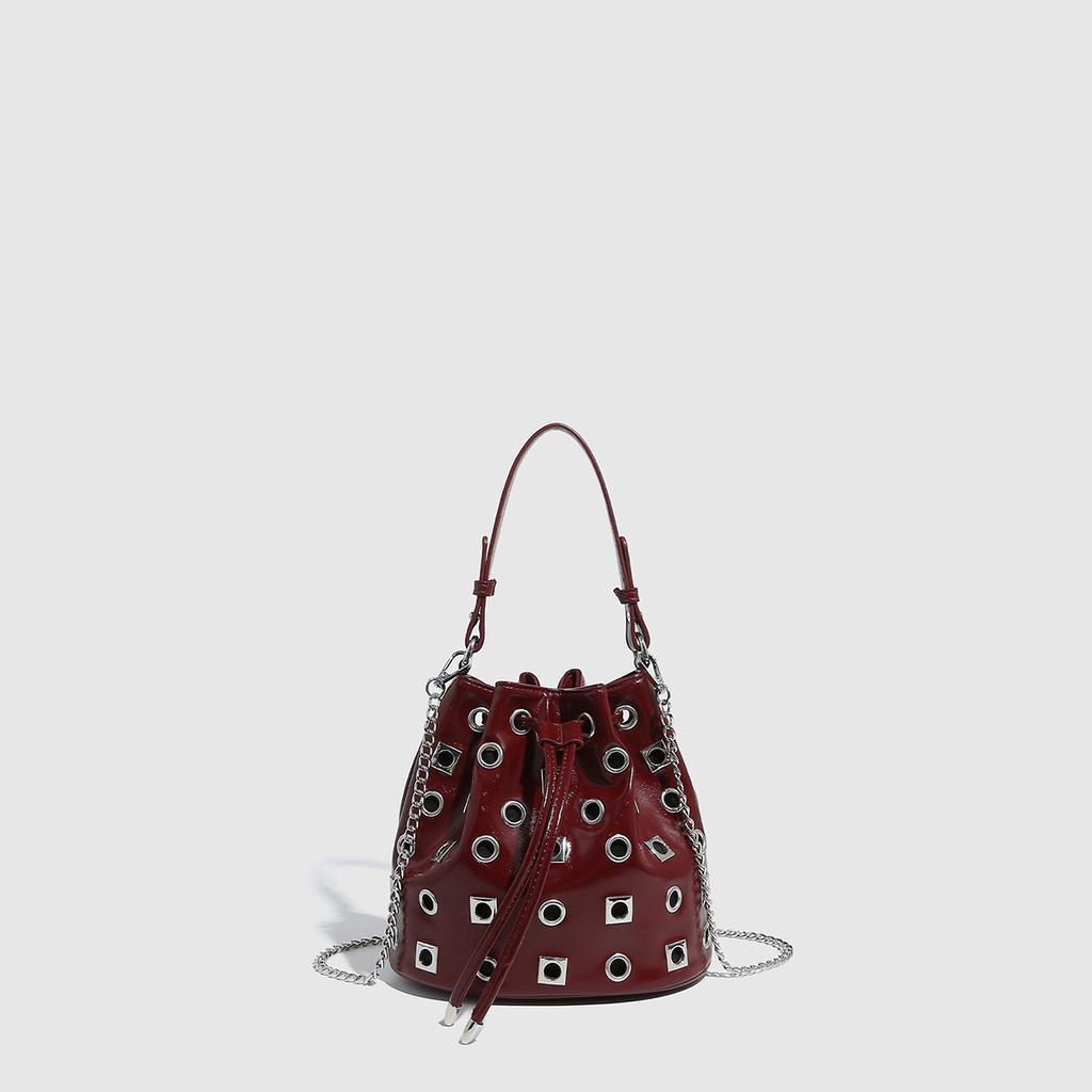 Small Bag Rivet Drawstring Bucket Bag Women Design Rivet Hollow Handbag Punk Style Hollow Shoulder Messenger Chain Women's Bag