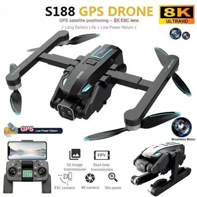 Nový dron S188 GPS 8K HD s trojitým fotoaparátem Optický tok polohování Vyhýbání se překážkám Bezkomutátorový skládací kvadrokoptérový dron