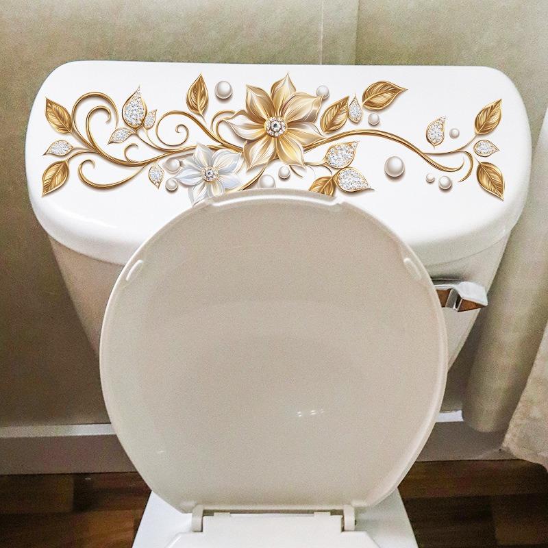 1 Sheet Beautiful Golden Flower Toilet Sticker Bathroom Toilet Cover Decorative Sticker Waterproof Self Adhesive