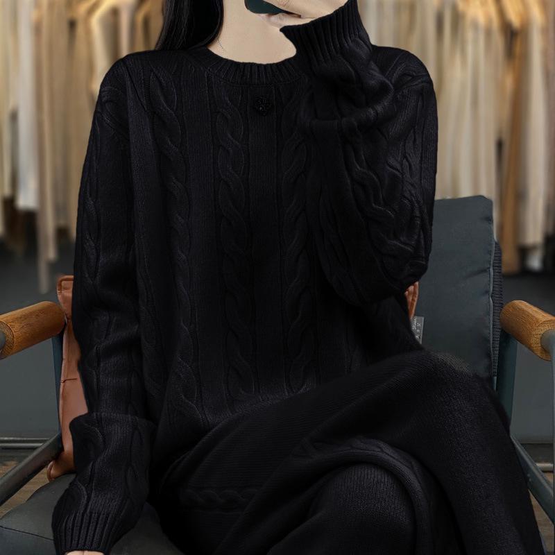 Women's Pure Wool Cable Knit Sweater Set - Autumn/Winter 2025 Trend: Loose, Thick, Round Neck, Long Sleeve.