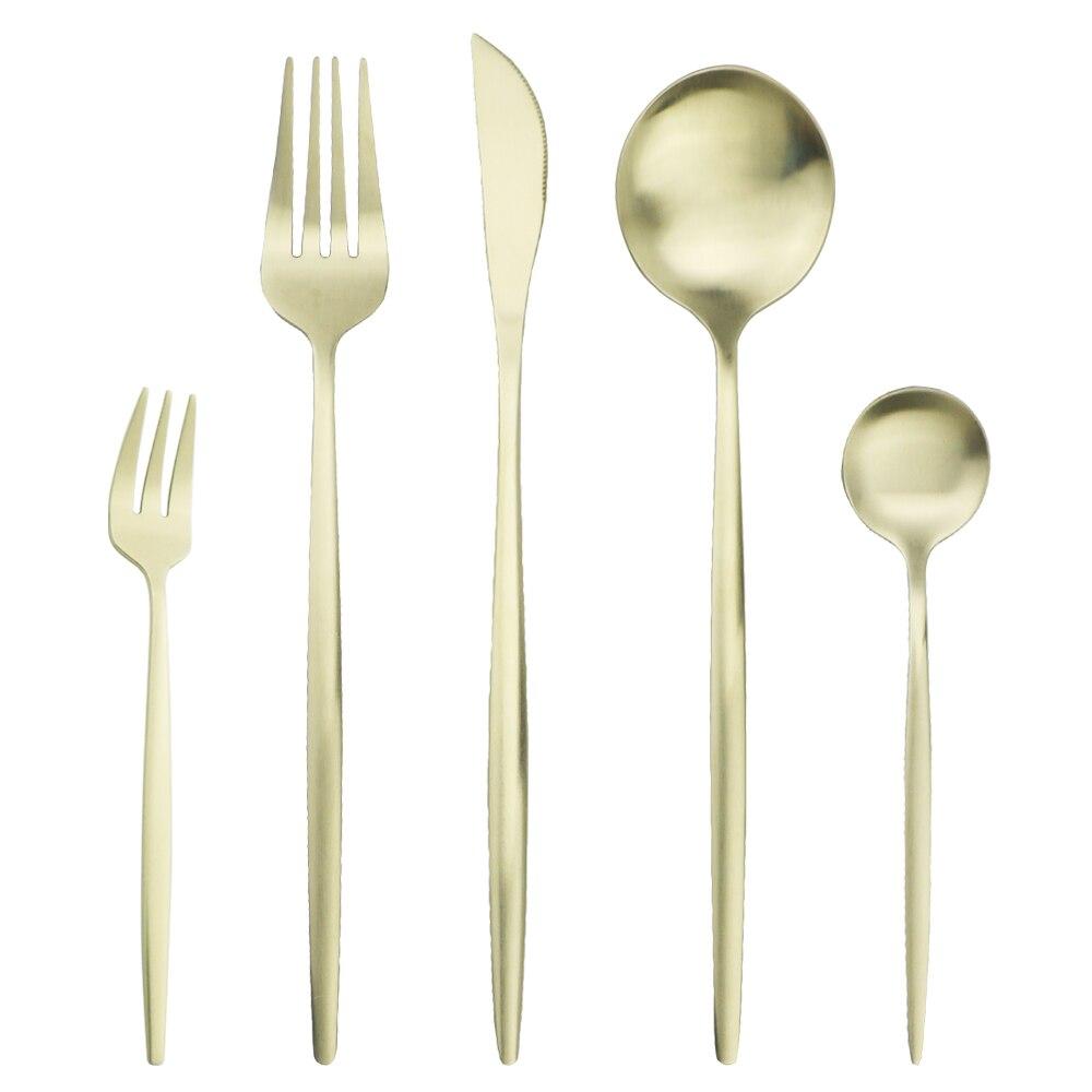 5Pcs Gold Dinnerware Cutlery Set Knife Cake Fork Tea Spoon Dinner Tableware Stainless Steel Flatware Home Kitchen Silverware Set