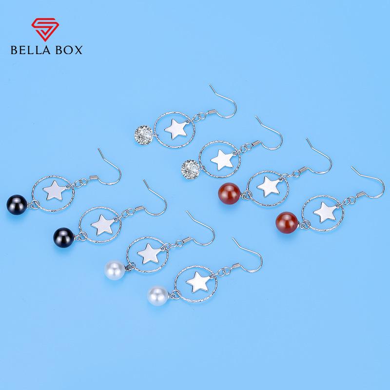 BELLA BOX S925 Sterling Silver Needle Star Tassel Zircon Geometric Earrings Moonfall Star Pearl Earrings