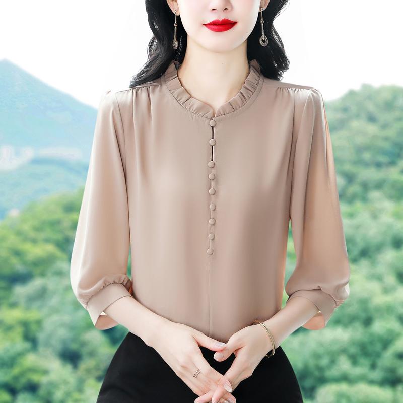 Spring Summer Women Tops Patchwork Silk Chiffon Blouse 3/4 Sleeve Elegant Fashion Office Lady Jacquard Shirt Blusa
