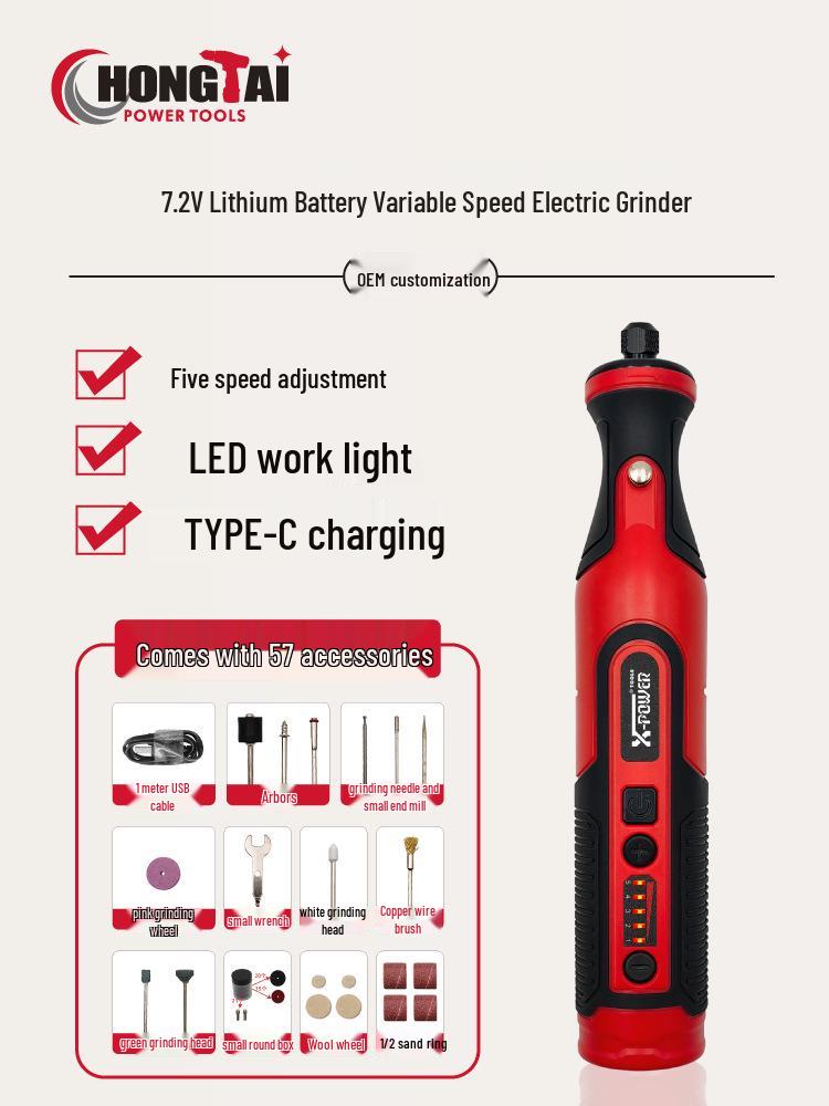 7,2V Lithium-Akku-Elektroschleifer mit 5-Gang-Regelung & Licht zum Jade-Schnitzen, Schleifen und Polieren