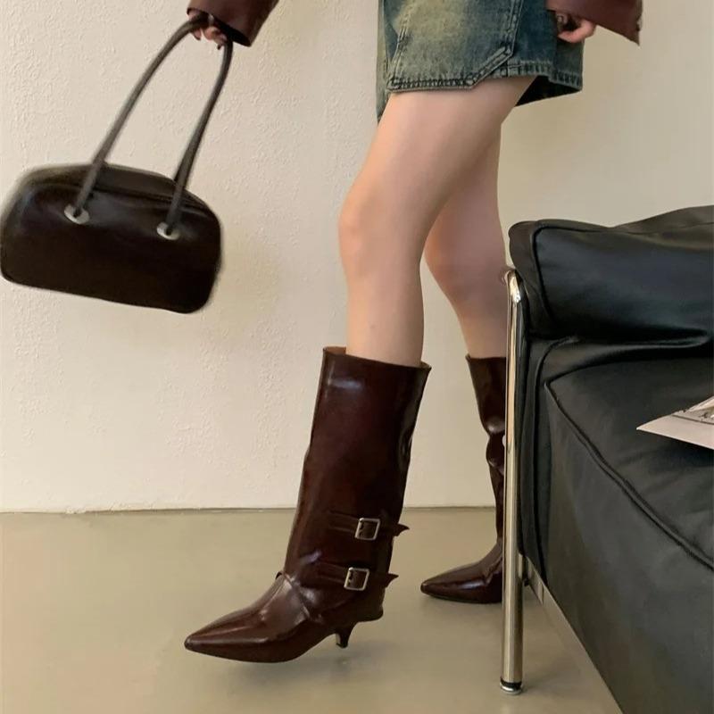 Mode Mode Damstövlar Temperament Spetsig Tå Läderstövlar Eleganta Ben Byxor Skaft Ankelstövletter Bältesspänne Knähöga Stövlar för Kvinnor