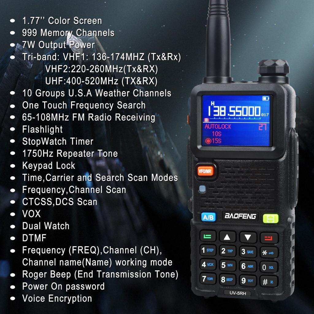 Baofeng UV-5RH Tri-band 136-174MHz 220-260MHz 400-520MHz 7Watt Output Power 999Channels FM Talkie Walkie Wireless Frequency Copy