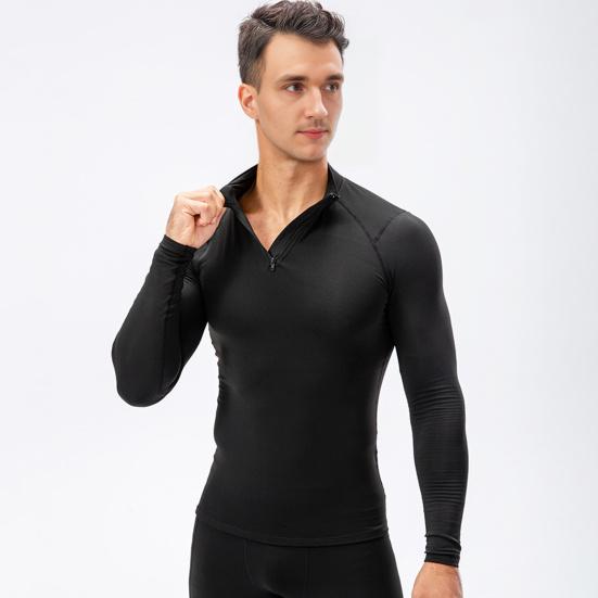 Autumn Winter Men Thermal Top Plush Lining Zipper Stand-up Collar Long Sleeve Shirt Slim Fit Stretch Casual Solid Color Cold Weather Warm Base