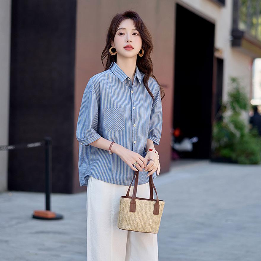 

Blue striped medium-sleeved shirt, casual pants, women s suit, new loose age-reducing, thin and meat-covering fashion two-piece set XL