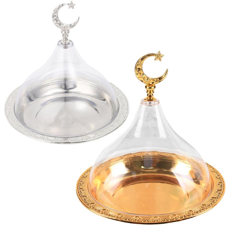 Metal Ramadan Tray With Clear Dome Lid Mini Cake Candy Tray Reusable Dessert Tray Round Food Storage Organizer For Eid