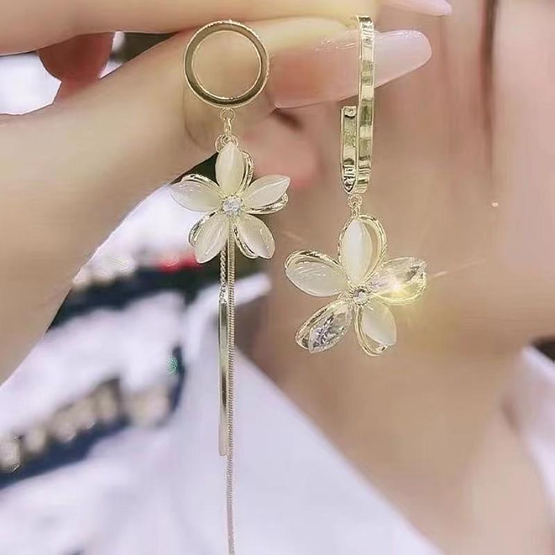 s925 Silver Cat s Eye Petal Earrings with Tassels - Korean Style Long Dangle Earrings for Women