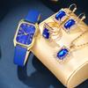 5/4/1PC Square Women Watches Set Leather Strap Ladies Quartz Wristwatch Ring Necklace Earrings Bracelet Jewelry Set Gift (No Box
