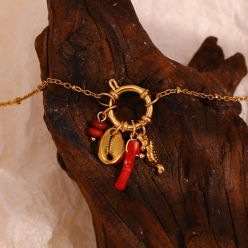Dreamshow Summer Fashion Shell Seahorse Pendant Necklace Bead Chain Gold Plated Stainless Steel Jewelry