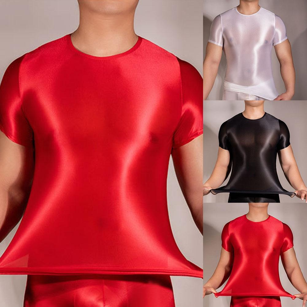Comfortable Mens T-Shirt Male Nylon See Through Sheer Shiny