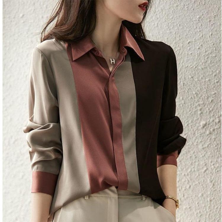 Fashion Women Shirt Patchwork Striped Chiffon Blouse Long Sleeve Button Down Top Office Lady Casual Commuter Summer Clothing