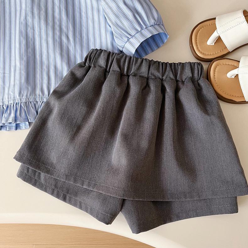 Girls' Striped Puff Sleeve Top & Elastic Waist Skirt Pants Set