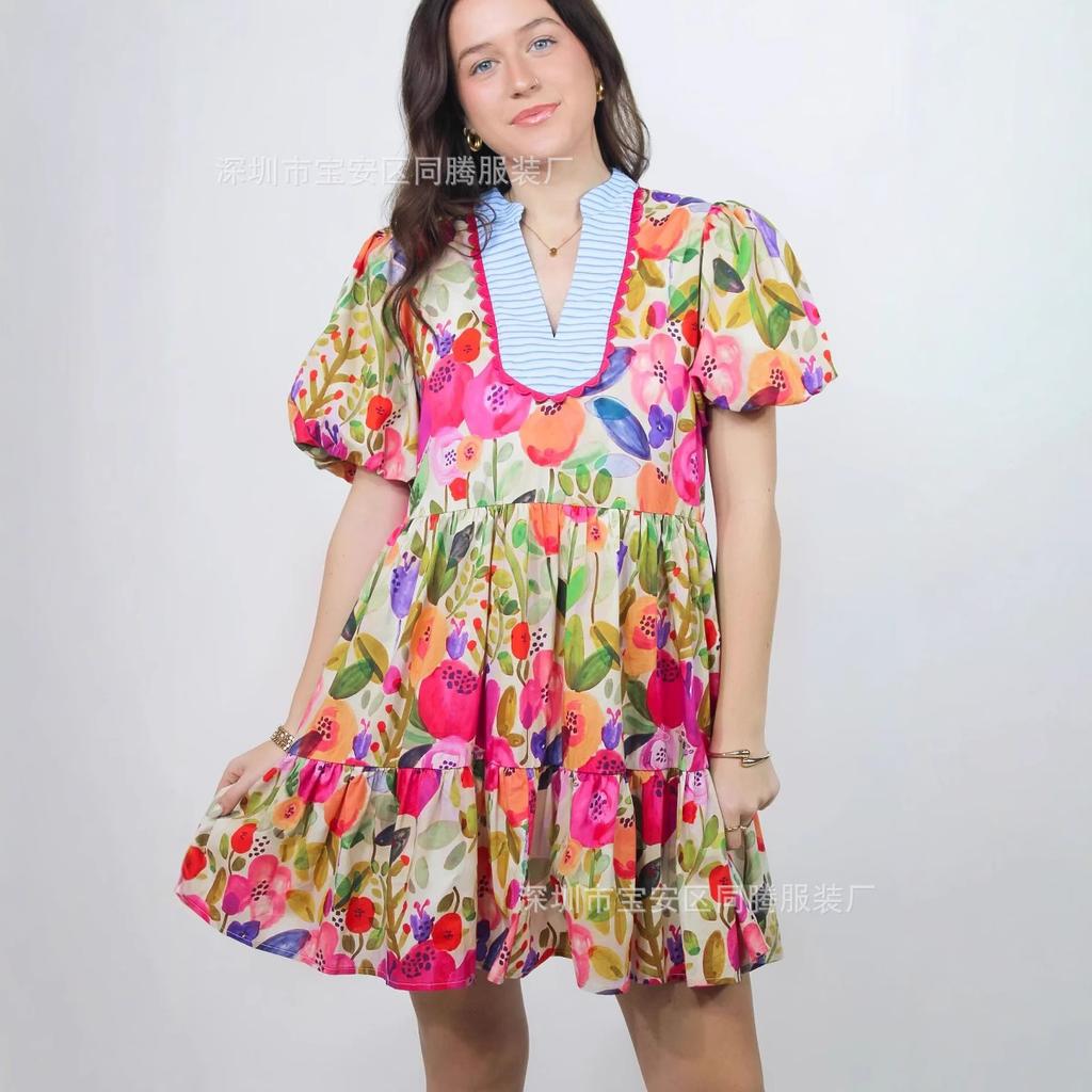 New E-Commerce Loose And Casual Comfortable V-Neck Floral New Printed Dress