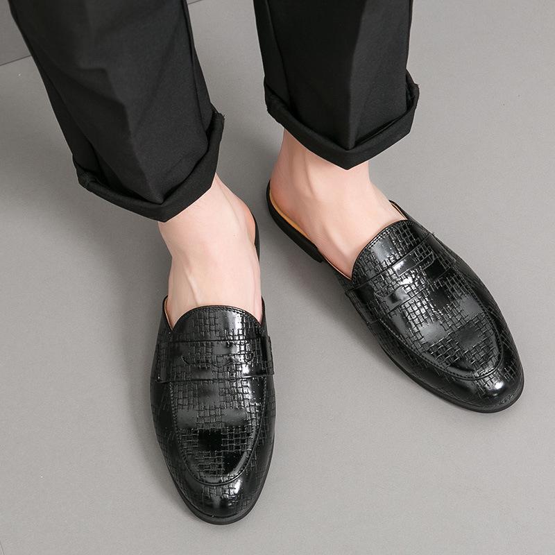 Men's Cross-Strap Half-Open Back Leather Slip-Ons: No-Heel Pointed Toe Sandals In British Style