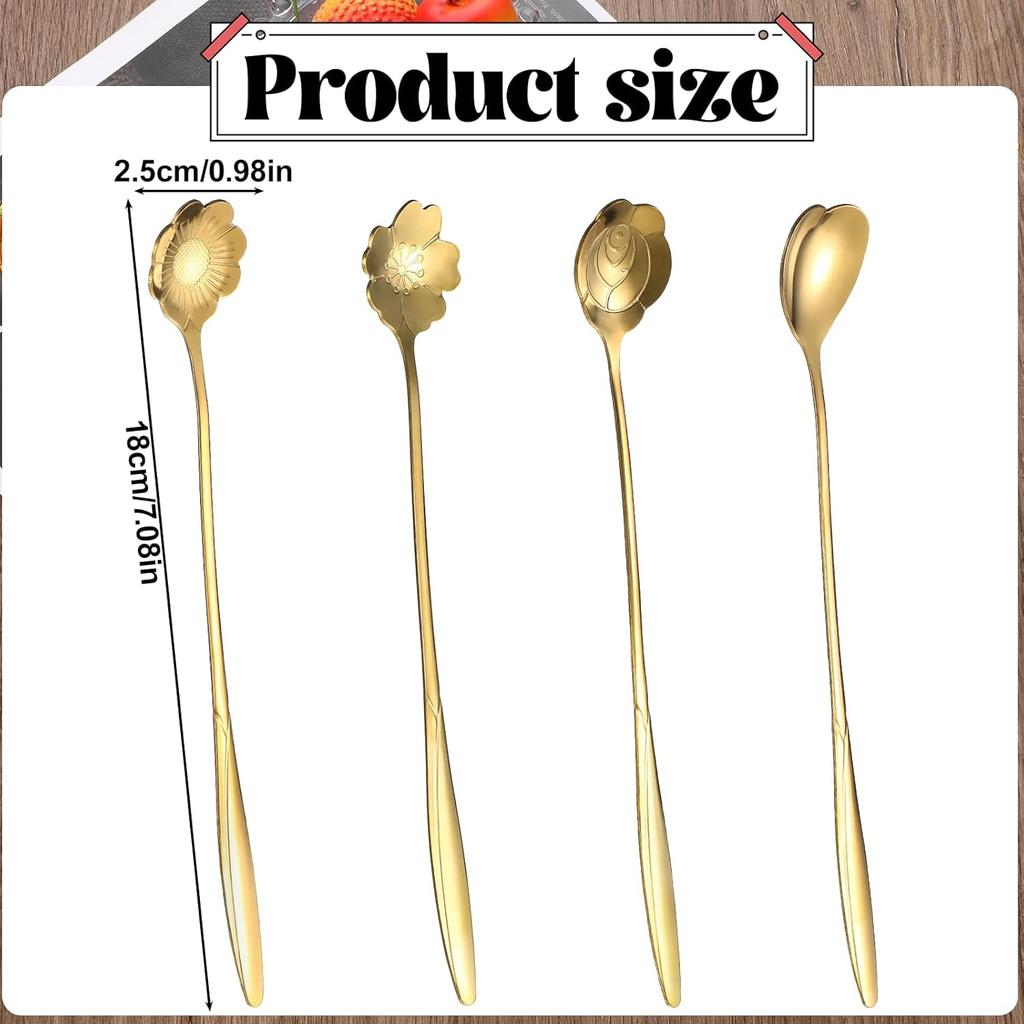 4 Pcs Flower Spoon Coffee Teaspoon 7'' Creative Flower Coffee Spoon Drink Stirring Spoon Stir Bar Spoon Long Handle Spoon Retro Dessert Demitasse