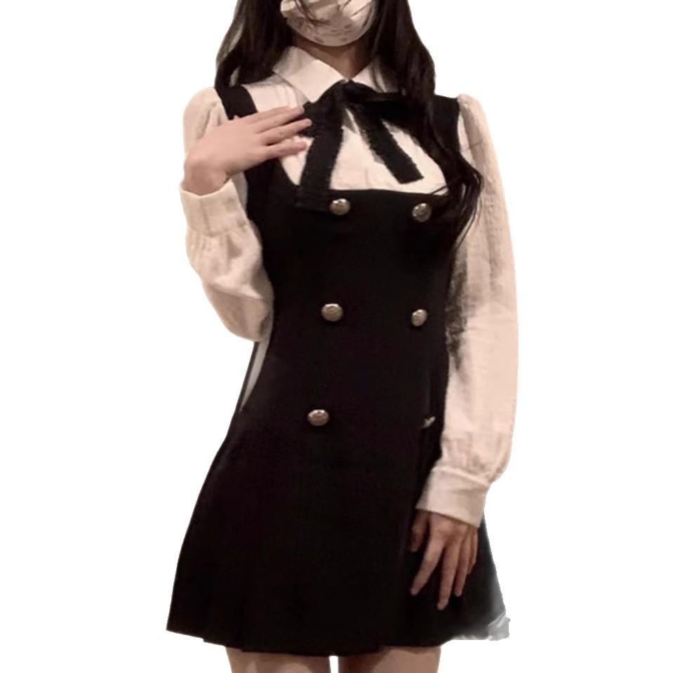 2026 Spring & Autumn Women's Color Block Two-Piece Long Sleeve Dress - Waist-Cinched Slim French Suspender Skirt