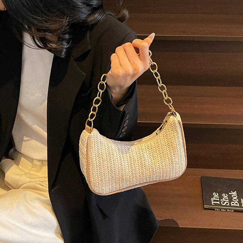 Borsa a Mano Intrecciata in Erba Casual Luna Nuova Moda Donna Borsa da Spiaggia a Spalla Catena Spessa Stile di Strada Personalizzato