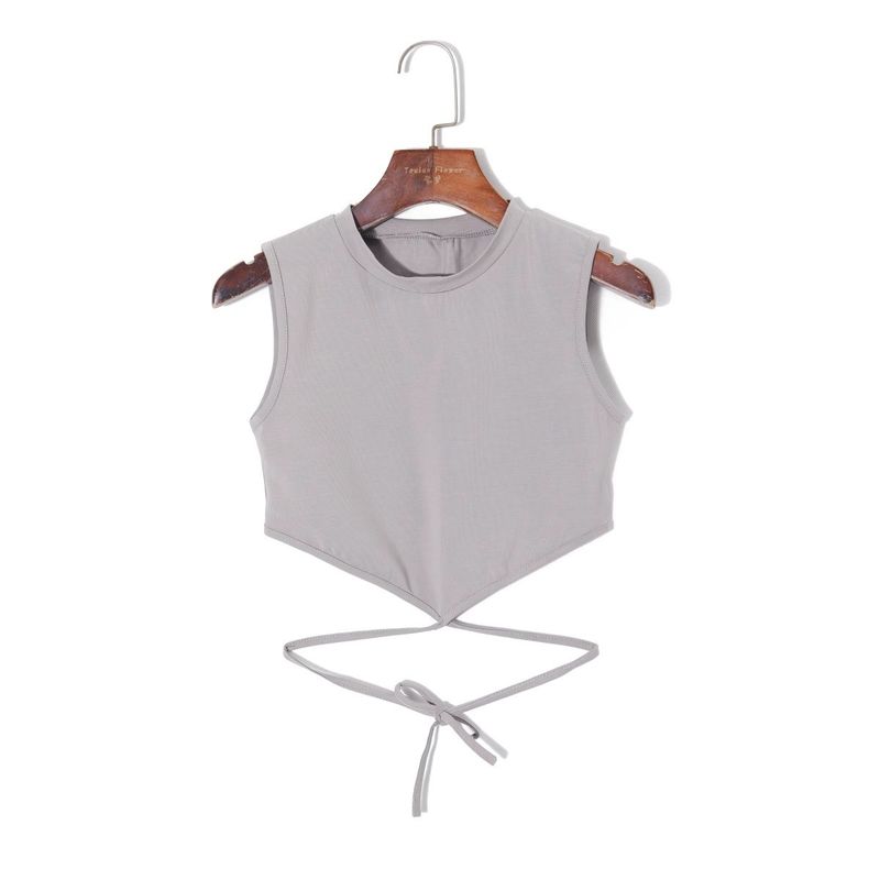 

2025 Summer Women s Clothing K-style round Neck Pullover Sleeveless Silm Stretch Plaid Short All-Match Sexy Lacing Vest Grey M