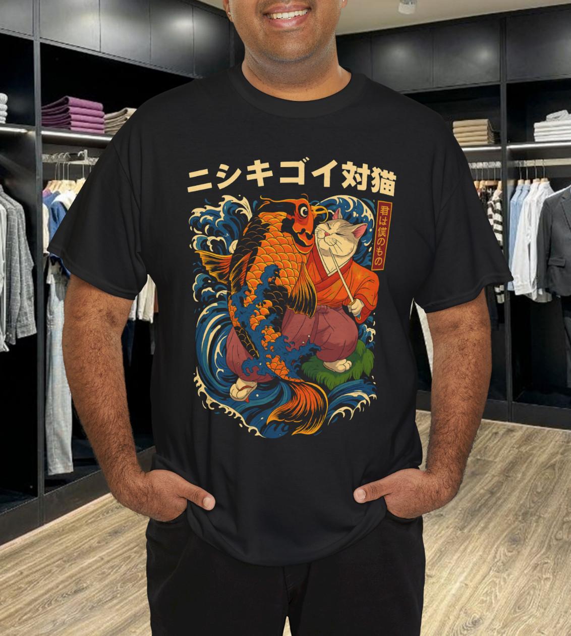 Threadless Cat and Koi Asian Inspired Graphic Print T-Shirt Mens Womens Tees Top M