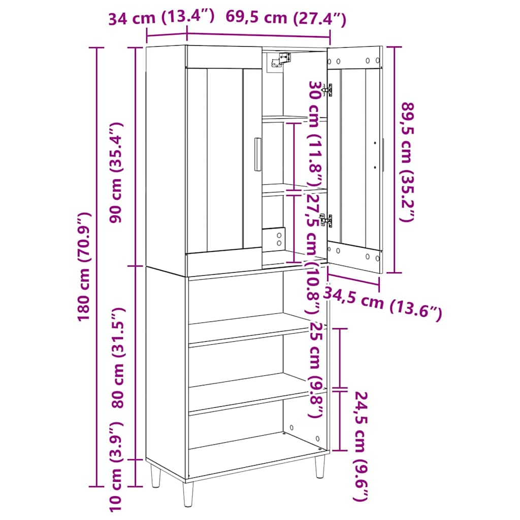 Highboard Reclaimed Wood 69.5 x 34 x 180 cm Engineered Wood and Glass