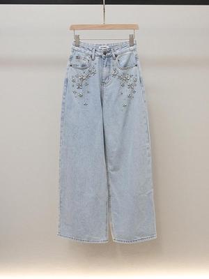 SP Autumn Versatile A-Line High-Waisted Rhinestone Wide-Leg Jeans for Women