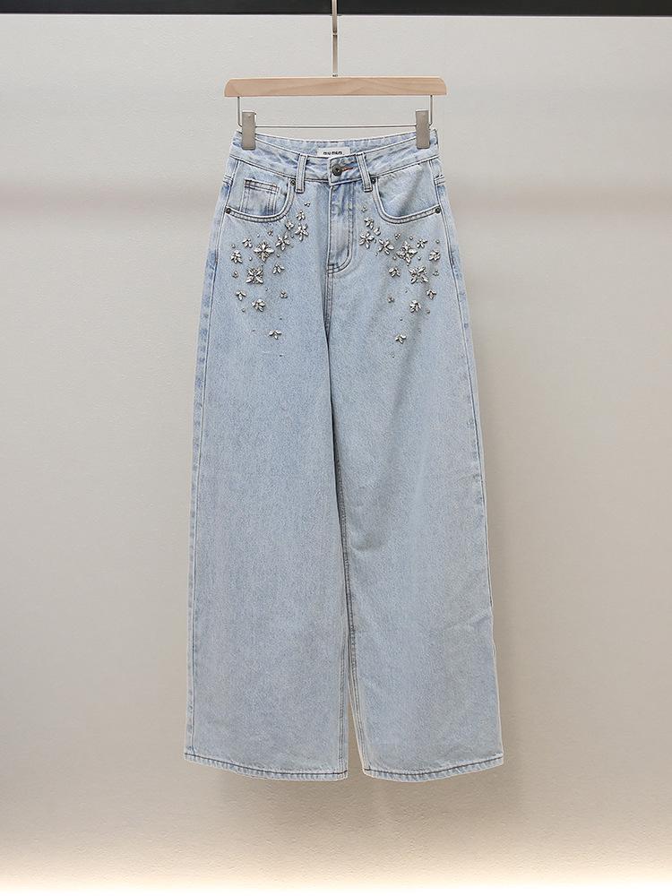 

SP Осенние универсальные А-силуэта с высокой посадкой джинсы с широкими штанинами и стразами для женщин Large