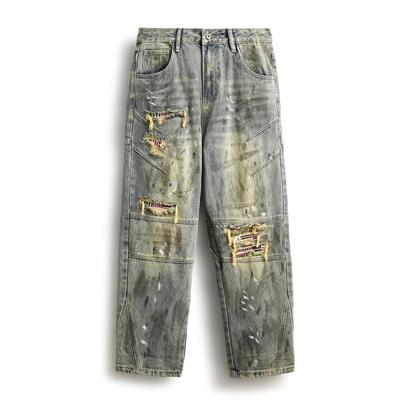 American Retro Spring and Autumn Models New Loose Personality Ripped Patch Harlan Jeans Men's Trousers