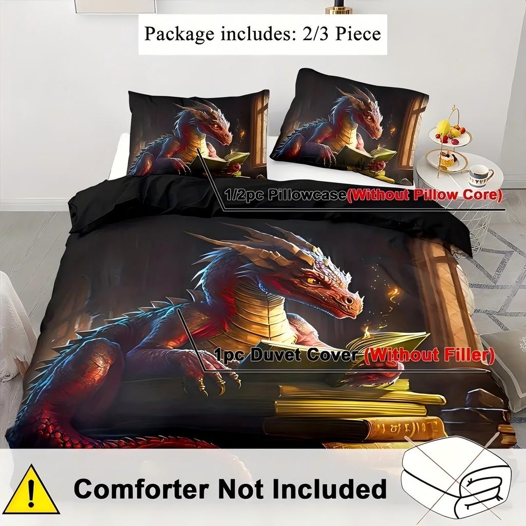 Mysteriöses Drachenbücher Muster 3D-gedruckter Bettbezug Weiches Bequemes Bettwäsche-Set Wildtier-Stil Bettdeckenbezug Set Kissenbezüge