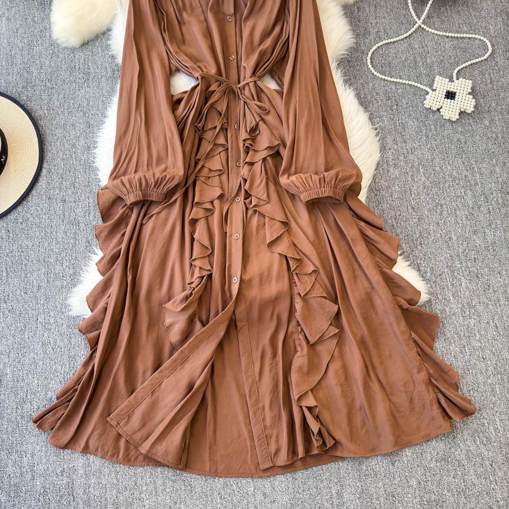 Jemný styl Temperament Bublinkové rukávy Stojáček Stahovaný pas Áčkový střih Volánový okraj Šifonové šaty Elegantní Velká kolová Dlouhé šaty