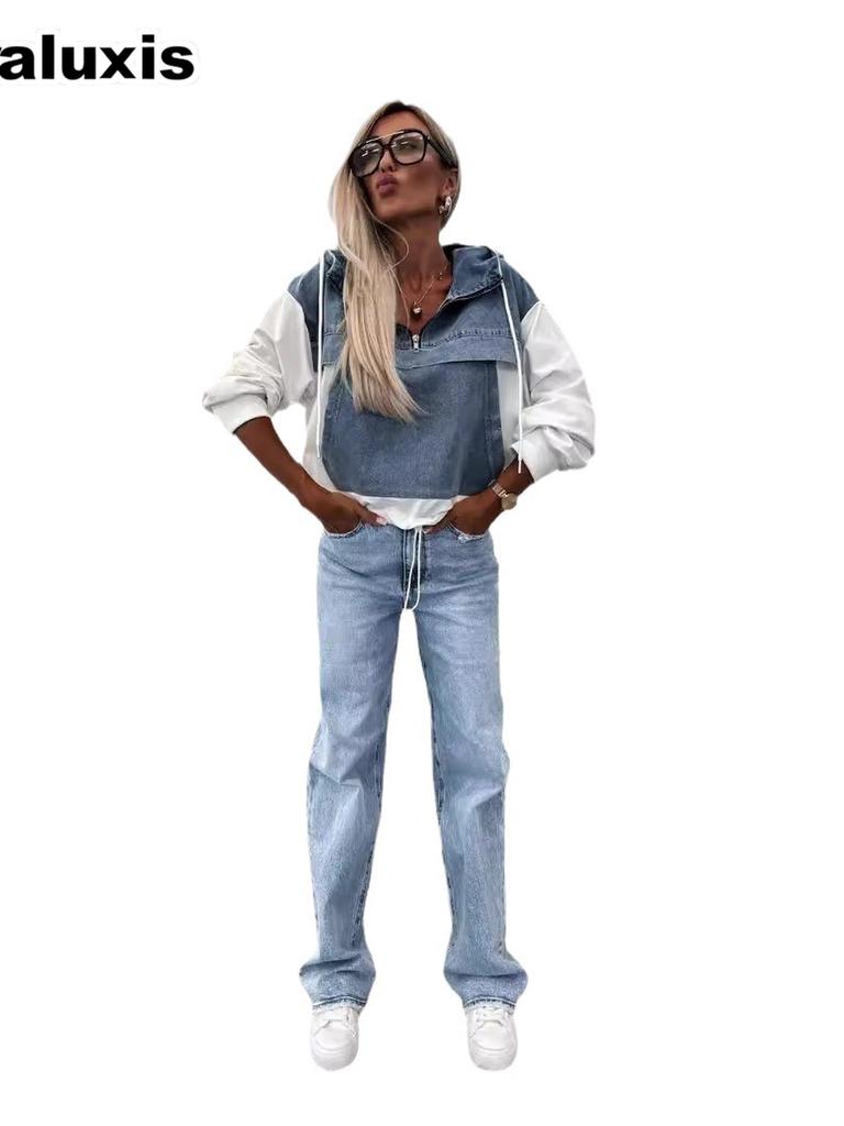 Autumn New Style Loose Casual Wash Denim Patchwork Hoodie for Women
