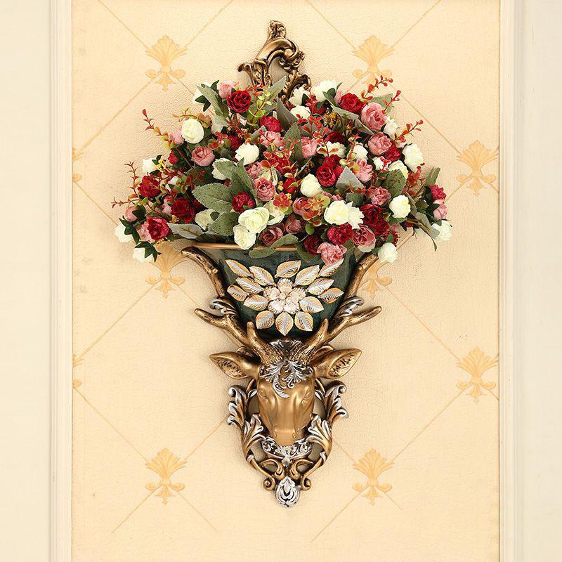 European Resin Deer Head Wall Vase Fake Flower Planter Wall Hanging Ornaments Home Living Room Porch Wall Mural Decor Crafts