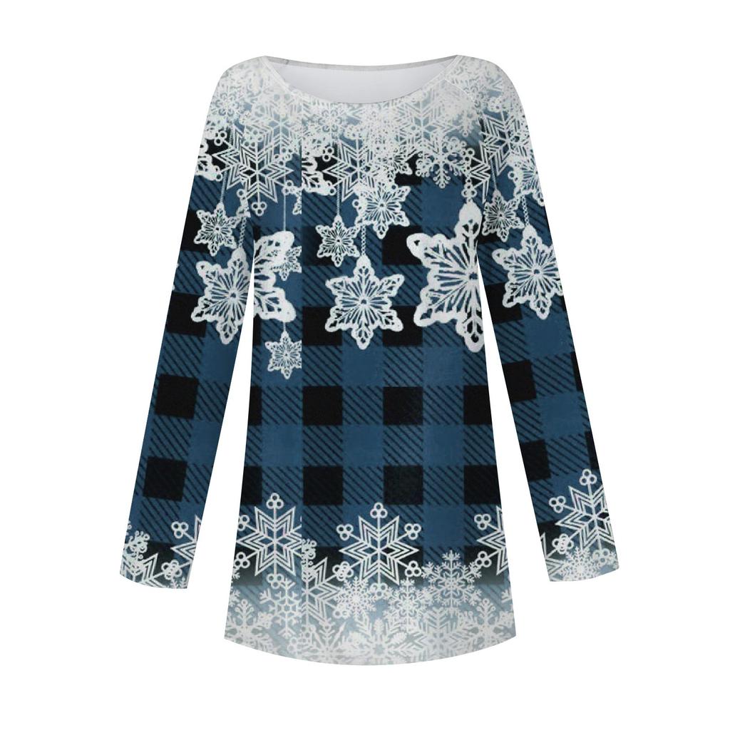 Women's Casual  Plus SizeLong Sleeved Round Neck Christmas Snowflake Plaid Printing T-shirt Top Pullover