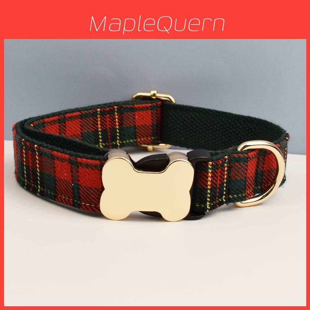 Pet Dog Collar With Grid Print Design And Bone Decor For Gift And Holiday