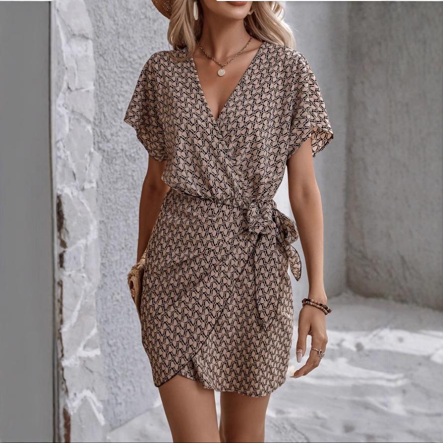 

Summer Women Sexy V-neck Pleated Beach Sundress Graphic Printing Dress Short Sleeve Sweetheart Lace Up Bohemia Mini Dress Elegant A-line Dresses XL