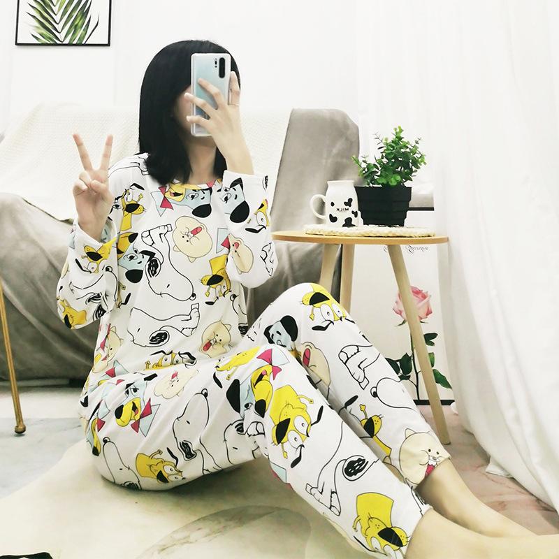Spring and Autumn women's cartoon pajamas, pink girl cat print long-sleeved suit, loose loungewear