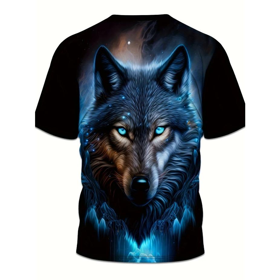 Pánské tričko s 3D potiskem vlčí smečky v horské noční scéně - Živá grafika vyjících vlků a úplňku, ležérní tričko s krátkým rukávem a kulatým výstřihem