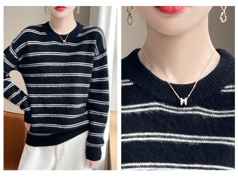 Women's Striped Pure Wool Round Neck Sweater, Autumn/Winter Collection, Seven-Gauge, Loose Fit, Thick Knitted Long Sleeve Pullover.