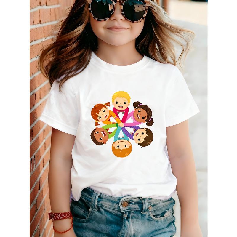 Girls Harmony Day Theme Print Crewneck Casual Short Sleeve Tee