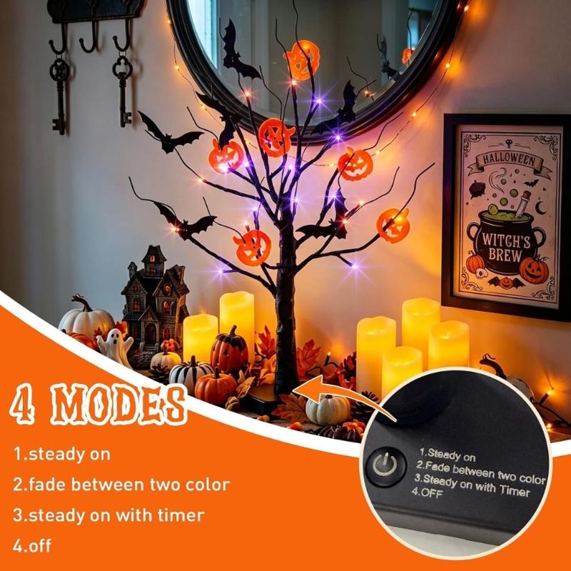 Halloween Tree with Light Home Decors Halloween Table Display Decoration, Lighted Black Tree with Bat Forms and Pumpkin Figures for Indoor Seasonal