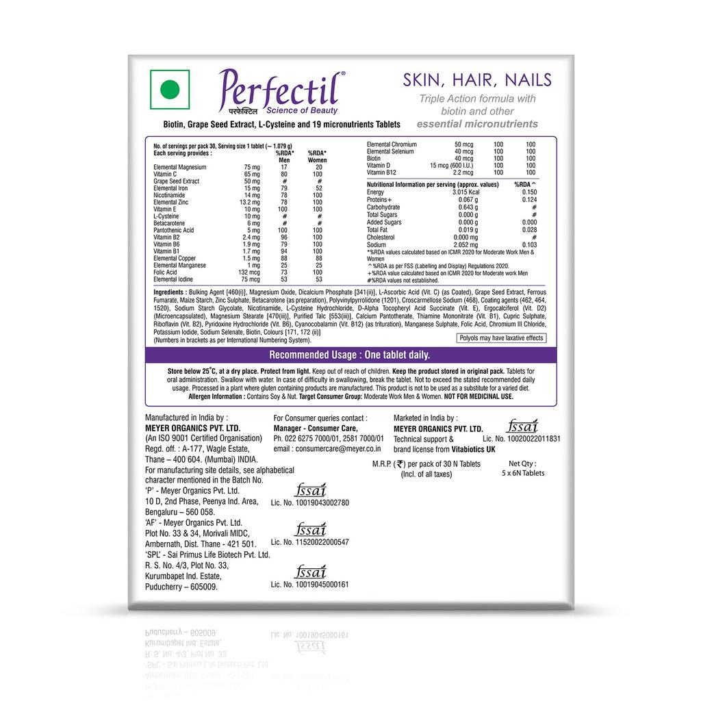 Perfectil Multivitamin-Nahrungsergänzungsmittel für Männer & Frauen, Angereichert mit Biotin und Traubenkernextrakt für strahlende und jünger aussehende Haut, Haarfall-Kontr