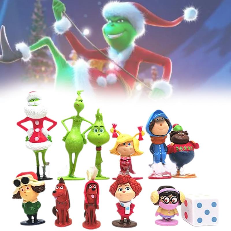 12 Entzückende Grinch-Figuren Weihnachten Thema Grüne Fellcharaktere Sammlerdeko